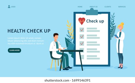 Concept Of Medical Health Check Up, With Two Doctors, Man Working On Laptop And Woman Standing Near A Big Clipboard Of Health Checklist. Flat Vector Illustration