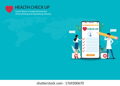 Concept of medical health check up, doctors are holding a big pencil and working on a big screen of smartphone of health checklist to treat the patients in green color background.