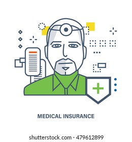 Concept of medical insurance and healthcare. Flat Vector illustration. Can be used for banner, business data, web design, brochure template.