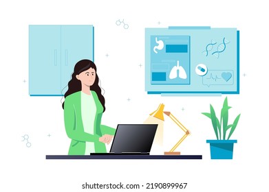 Concept medical with people scene in flat cartoon design. Medical worker studies methods of treatment and medical drugs in her office. Vector illustration.