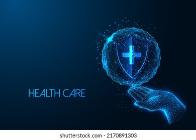 Concept of medical protection, healthcare insurance in futuristic glowing style with hand and shield