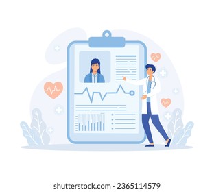  Concept of medical record, Tablet with patient's photo, cardiogram and health indicators for monitoring.  flat vector modern illustration 