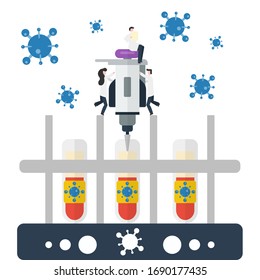 Concept medical science character flat design. Two lab technician handling big autopipette on the covid-19 blood specimen rack while the other one sitting and reading result report.