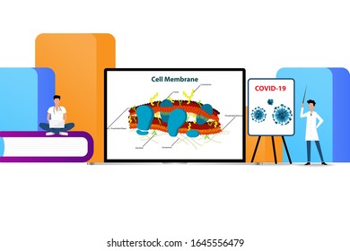 Concept of medical science, doctors are searching the research to learn and develop mechanism of pharmaceutical to against covid-19 in a background of big color book.