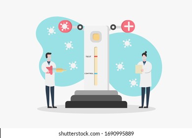 Concepto de ciencia médica vector de diseño plano con dos pruebas de análisis de caracteres de técnico de laboratorio para covid-19.