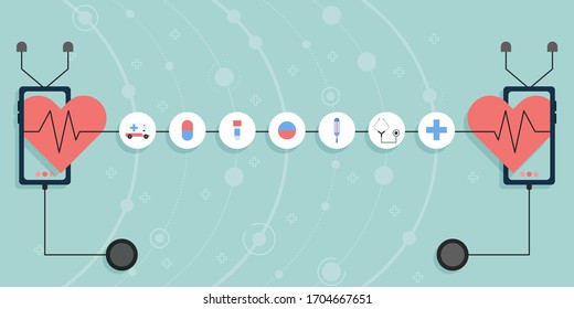 Concept medical services vector illustration with medical flat icon. Red hearts with pulse waves and stethoscopes on smartphones.