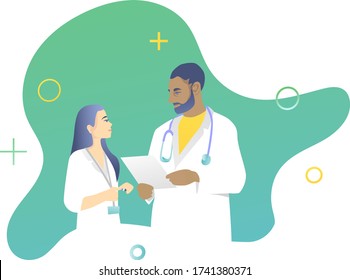 The concept of medical staff. A female lab technician in a white coat is talking to the head physician. Blue-green design vector illustration