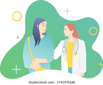 The concept of medical staff. A woman doctor in a white coat escorts the girl home. Extractfromthehospital.Blue-greendesignvectorillustration.