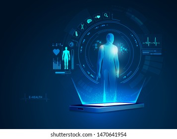 concept of medical technology advancement, mobile phone showing e-health application with simulation display