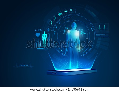 concept of medical technology advancement, mobile phone showing e-health application with simulation display