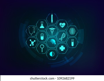 concept of medical technology, graphic of health care interface comprising with dna, test tube, heart, pulse sign, pill and brain