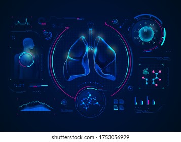 concept of medical technology, graphic of lungs, respiratory system and virus with medical element