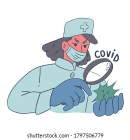 Concept of medical worker or doctor or woman scientists with magnifying glass discovering green corona virus with sad face during covid pandemic. Colorfull stock vector illustration. 