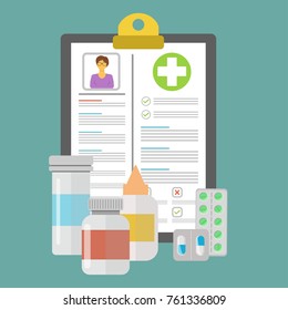 The concept of medication, prescription of medicines. Filling the health insurance, medical card, prescription, medical certificate, clinical record, medical check marks report. Vector illustration.