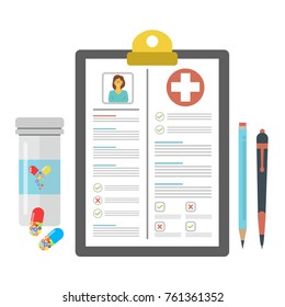 The concept of medication, prescription of medicines. Filling the health insurance, medical card, prescription, medical certificate, clinical record, medical check marks report. Vector illustration.