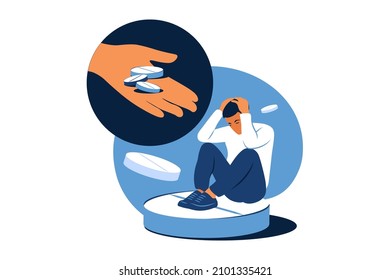 Concept of medication treating illness or disorder. Concept of antidepressants. Depressed man is sitting on big pill. Medicine. Flat. Vector illustration.