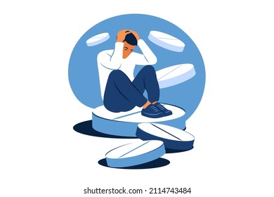 Concept of medication treating illness or disorder. Concept of antidepressants. Depressed man is sitting on big pill. Medicine. Flat. Vector illustration.