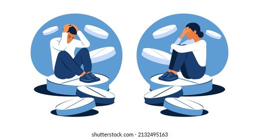 Concept of medication treating illness or disorder. Concept of antidepressants. Depressed man and woman is sitting on big pill. Medicine. Flat. Vector illustration.
