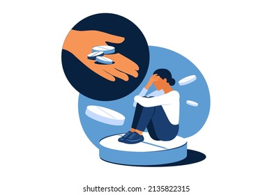 Concept of medication treating illness or disorder. Concept of antidepressants. Depressed woman is sitting on big pill. Medicine. Flat. Vector illustration.