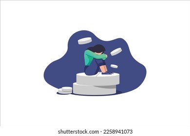 Concept of medication treating illness or disorder. Concept of antidepressants. Depressed woman is sitting on big pill. Medicine. Flat. Vector illustration.