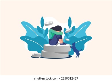 Concept of medication treating illness or disorder. Concept of antidepressants. Depressed woman is sitting on big pill. Medicine. Flat. Vector illustration.