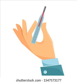 The concept of medicine and cure for illness and cold. A hand holds a mercury thermometer with an indicator of elevated temperature or fever. Vector illustration in cartoon flat style isolated.