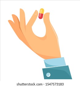 The concept of medicine and cure for illness and cold. Hand holds capsule with medicine or vitamin or antibiotic. Vector illustration in cartoon flat style isolated on white background.