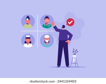 Concept of medicine and healthcare, businessman looking for and choosing suitable specialist, portraits of different medical workers, patient wants to make appointment with doctor
