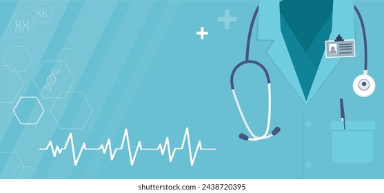 Concepto de medicina y salud, plantilla de banner horizontal, lugar para texto. Doctor en bata con estetoscopio. Consulta médica, experto farmacéutico, terapeuta. Primeros auxilios. ilustración vectorial