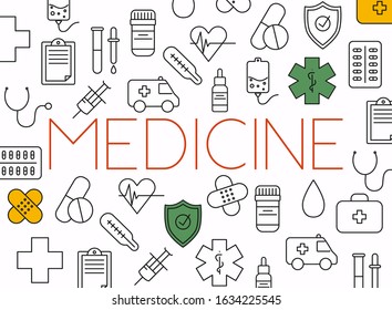 Concept of medicine. Medical equipment and medicament cure.