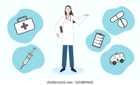 The concept of medicine and medical practice, a doctor with the attributes of medicine around. Flat vector illustration