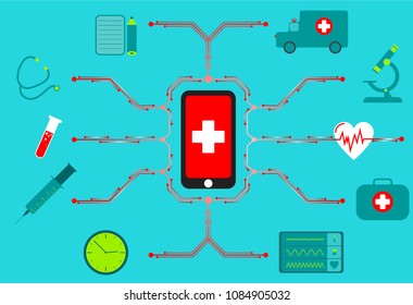 The concept of medicine online. Applications in a single smartphone for online monitoring of the condition. Vector flat style illustration on blue background.