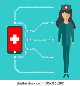 The concept of medicine online. With your smartphone, you can call a doctor at home or get a consultation remotely. Vector illustration in flat style on blue background.