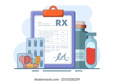 Concepto de medicina y farmacia, atención médica, prescripción en línea, píldoras de terapia de enfermedades, analgésicos. Señal del doctor. La receta del doctor. Ilustración vectorial de diseño plano sobre fondo.