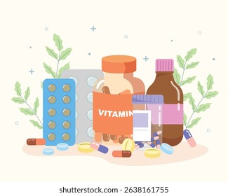 Concept of medicine pills, pharmacy and healthcare. health and treatment vector collection.