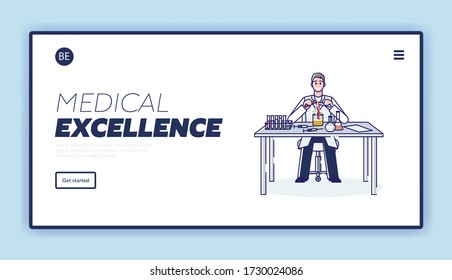 Concept Of Medicine Production And Presentation. Website Landing Page. Character Mixes Ingredients And Makes Vaccine In Laboratory. Web Page Cartoon Linear Outline Flat Style. Vector Illustration