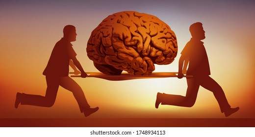 Concept of medicine and research on mental illness with the symbol of nurses who urgently transport a brain on a stretcher.