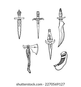 The concept of medieval weapons. Ancient swords, knife, dagger. The weapon is isolated on a white background. Vector flat design elements.