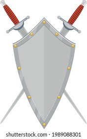 The concept of medieval weapons. A beautiful iron medieval knight's shield with two crossed swords positioned behind a steel shield. the heraldic symbol of the shield and sword. Vector.
