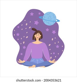 Concept meditating girl against background space, planet, woman relaxes, calms down lotus position. Wellness and feeling good during meditation. Vector illustration in a flat style.