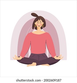 The concept of a meditating girl against a rainbow background, A woman relaxes and calms down in the lotus position. Good health and well-being during meditation. Vector illustration in a flat style