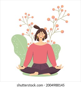Concept meditating girl against a wheat and flowers, woman relaxes and calms down in the lotus position. I wish you good health and well-being during meditation. Vector illustration in a flat style