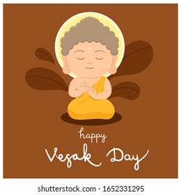 Concept of meditation Buddha. Cute cartoon illustration character. Happy Vesak Day. Vector flat illustration.