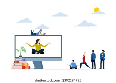 concepto de meditación durante el descanso laboral, beneficios para la salud del cuerpo, la mente y las emociones, proceso de pensamiento, vector de búsqueda inicial e ideas, ilustración vectorial plana sobre fondo blanco.