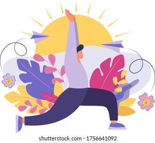 The concept of meditation during working hours, break, body health, mind and emotions, thought process. Vector illustration