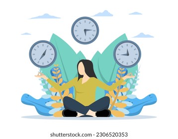 concept of meditation during working hours, rest, health benefits of body, mind and emotions, thought process, set mind and mental to work, flat vector illustration.