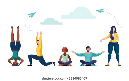 Concept of meditation during working hours, break. Ethnic people doing physical exercises, selfie, girls, boys. Benefits for the health of the body, mind emotions, thought process. Vector illustration