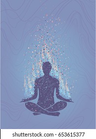 Concept of meditation, enlightenment. Human sitting in a lotus pose. Vertical hand drawn colorful illustration.