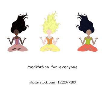 Concept of meditation for everyone, 3 girls of different nationalities sit in a pose of meditation, health benefits for the body, mind and emotions, yoga and lotus poses, black and white skin, Asian