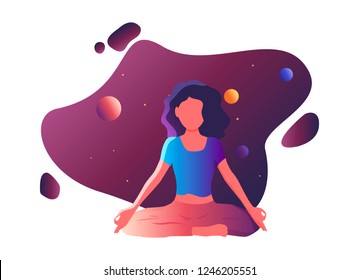 The concept of meditation, generation of ideas, communication with the cosmos. Woman in a lotus position. Space with planets and stars in the background. Flat vector illustration.